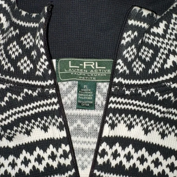 Ralph Lauren Fair Isle Black and White Quarter Zip Petite Large - Picture 3 of 7